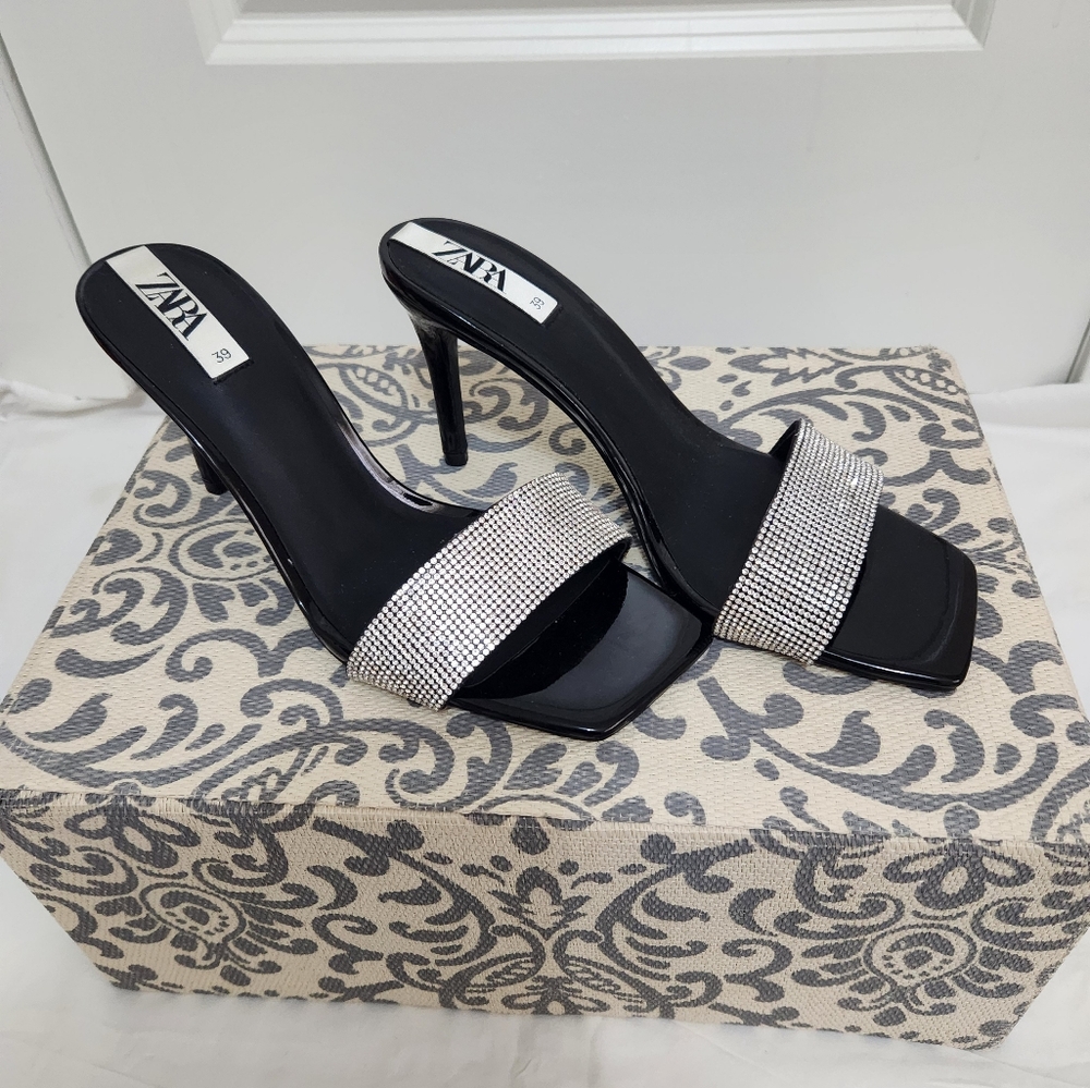 SOLD.....ZARA Rhinestone Open Toe Mules/ Slides Holiday Party Shoes - Picture 2 of 8
